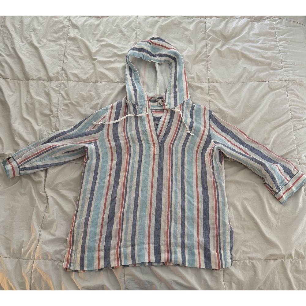 L.L. Bean Women Linen Multicolor Striped Top Hoodie Medium Coastal Relaxed Beach